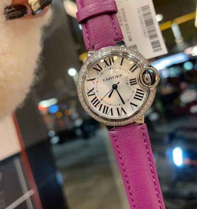 Cartier 33MM Fisheye Glass Swiss Quartz Movement Cawhide Purple Strap Diamond Women Watch